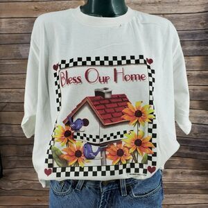 Vintage Retro 90s Single Stitch COTTAGECORE Bird House Flowers Shirt USA L NOS